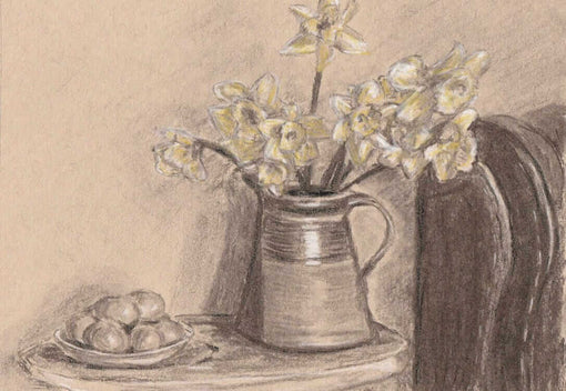 A pastel drawing of a jug of daffodils with a bowl of eggs that is the featured image for An Inspector Calls, Integrity and Imaginary Cooking Friends