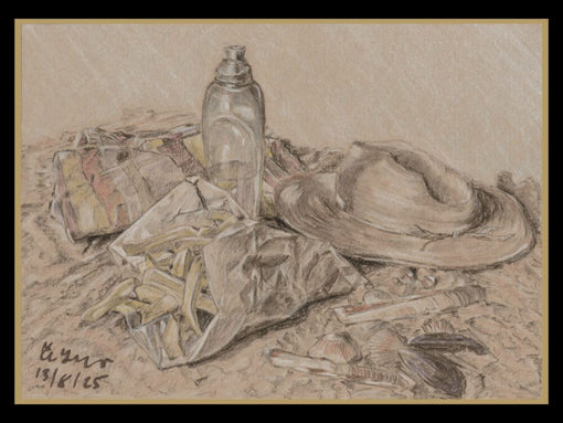 A pastel drawing of a seaside still life with hat, towel, water bottle, chips and shells on sand