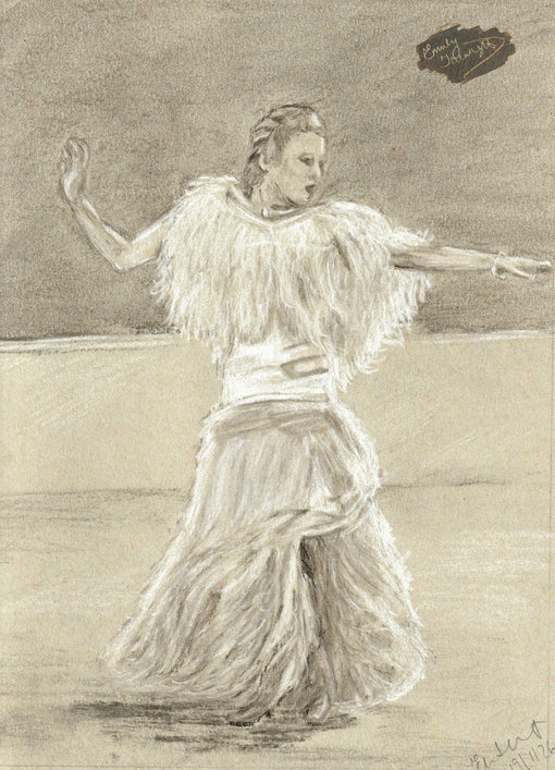 A pastel drawing of Ginger Rogers wearing the white feathered dress from Top Hat