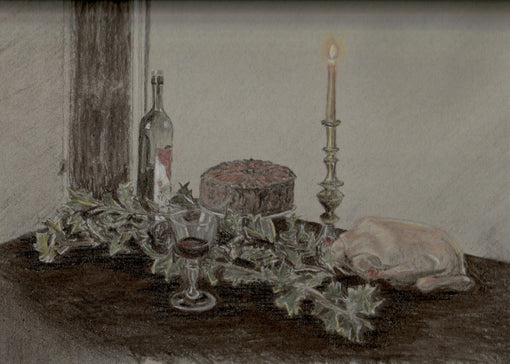 Featured image for What will you carry through to the new year: a drawing of an old-world Christmas table with holly, candle, wine, fruit cake and a bird