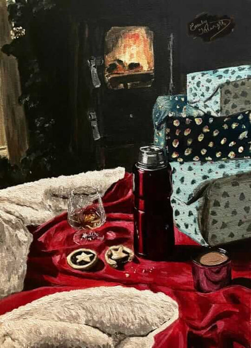 A painting of Santa's cape, flask, brandy, mince pies and parcels set before a fire making the featured image for Merry Christmas 
