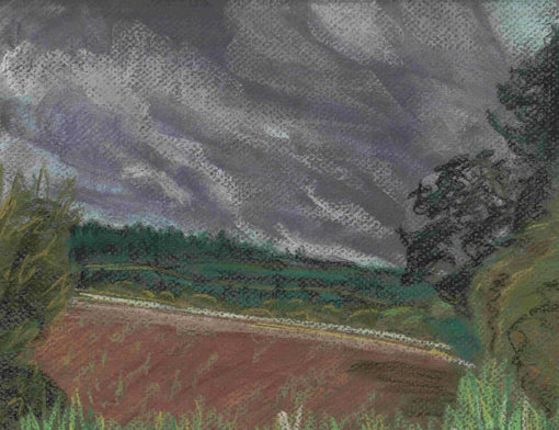 a pastel drawing of a stormy sky over fields near Witley Court, Worcestershire