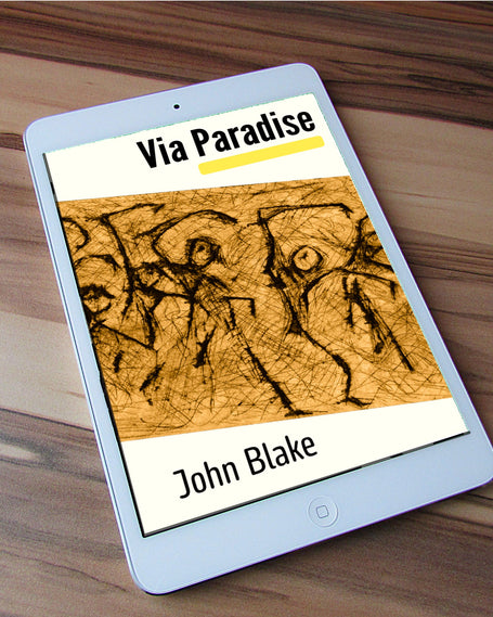 A tablet device lying on a wooden surface, displaying a book cover titled "Via Paradise" ebook by John Blake. The cover features a tan abstract sketch-like illustration with black text on white bands at the top and bottom.