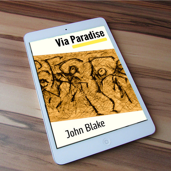 A tablet device lying on a wooden surface, displaying a book cover titled 