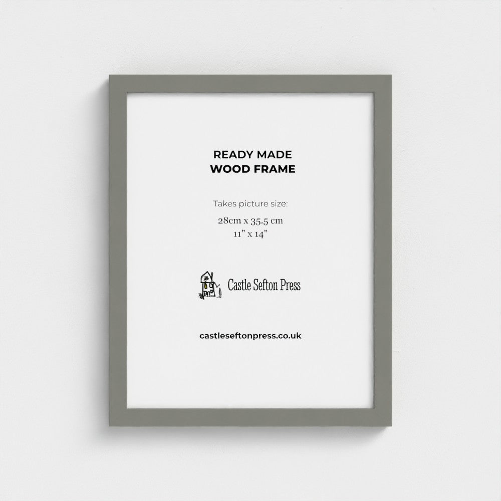 A grey wood picture frame shown against a light gray background, with printed text inside the frame reading 'READY MADE WOOD FRAME' and 'Castle Sefton Press'.