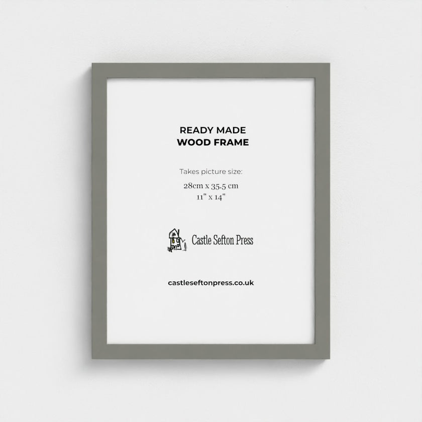 A grey wood picture frame shown against a light gray background, with printed text inside the frame reading 'READY MADE WOOD FRAME' and 'Castle Sefton Press'.