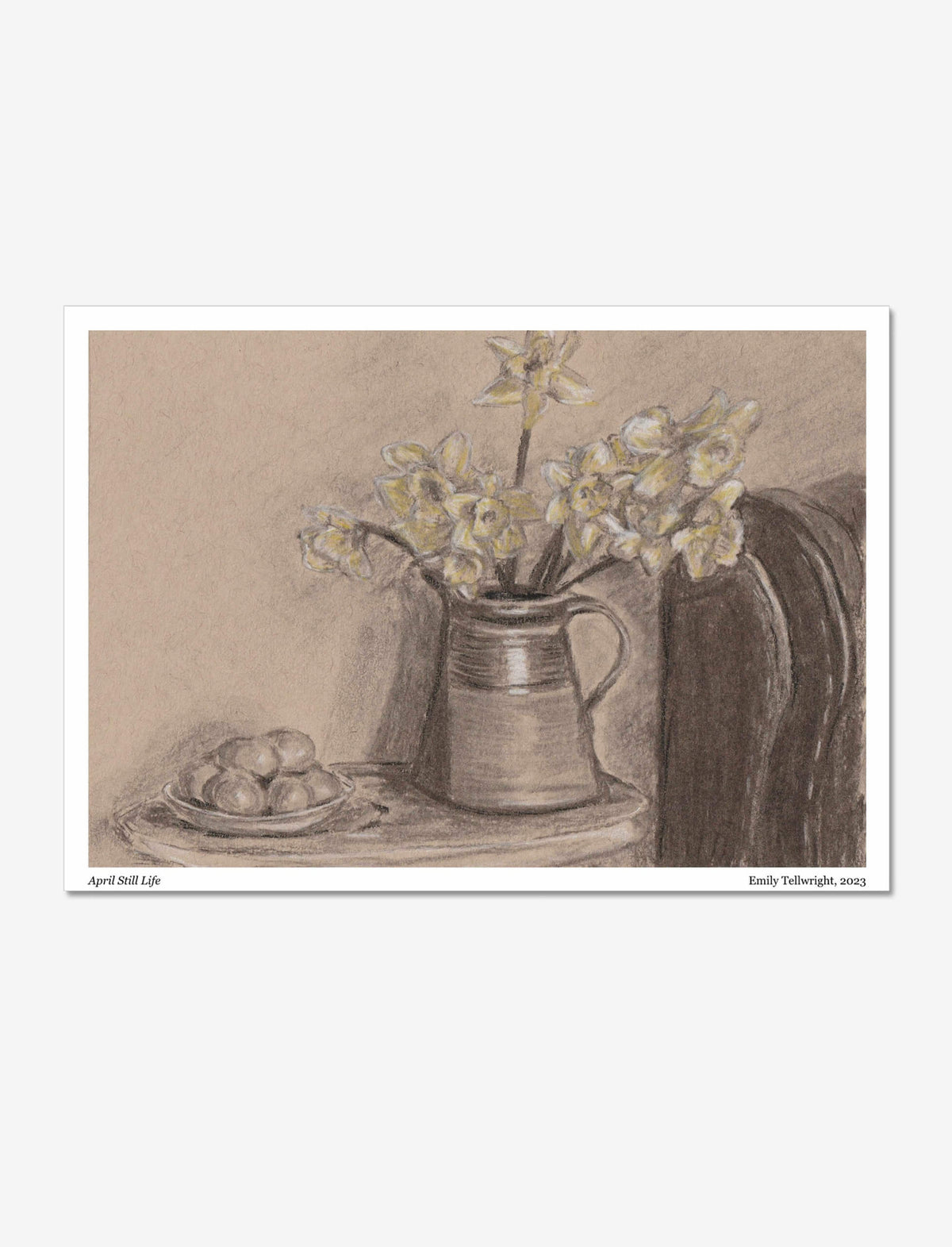 April Still Life art print: a charcoal, chalk and coloured pencil drawing of daffodils and eggs.