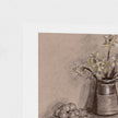 A still life art print featuring yellow daffodils in a dark ceramic pitcher, with a plate of eggs in the foreground, shown on a white paper sheet against a light grey background.