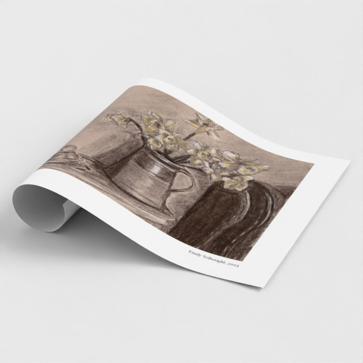 A still life art print featuring yellow daffodils in a dark ceramic pitcher, with a plate of eggs in the foreground, shown on a white paper sheet against a light grey background.