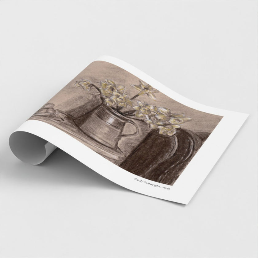 A still life art print featuring yellow daffodils in a dark ceramic pitcher, with a plate of eggs in the foreground, shown on a white paper sheet against a light grey background.