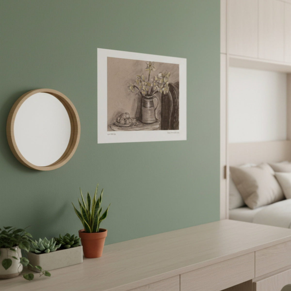 A sepia-toned still life art print depicting a vase of flowers and a bowl of eggs, hanging on a green wall in a styled room with pot plants, mirror and window