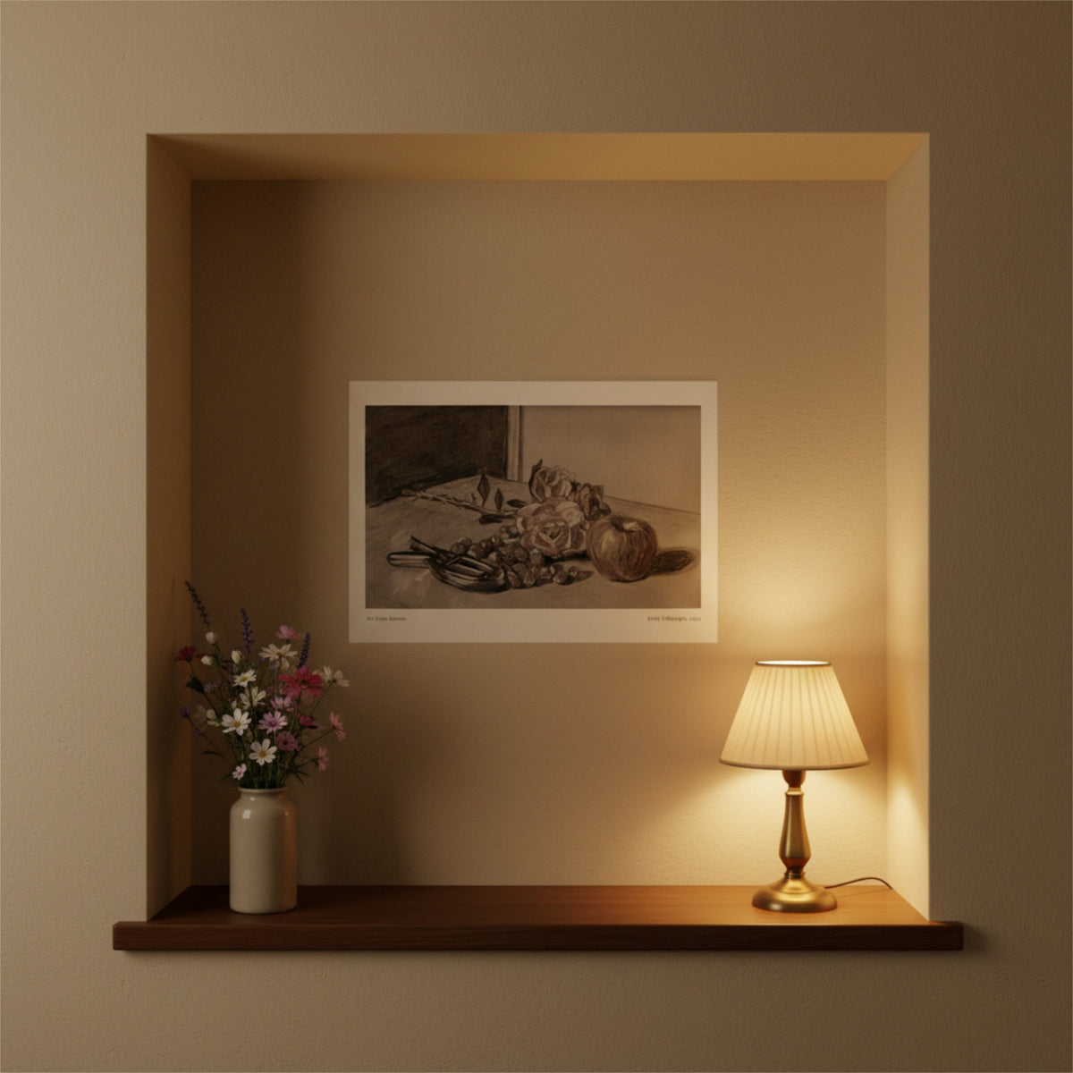 An art print showing flowers and fruit on a cream wall in an alcove with flowers and a lamp