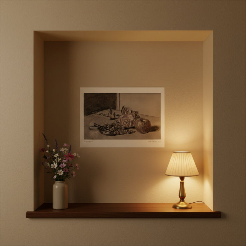 An art print showing flowers and fruit on a cream wall in an alcove with flowers and a lamp