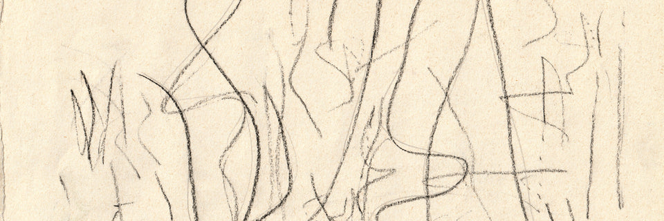Abstract black line drawing on textured off-white paper, showing loose scribbled and sketchy vertical and diagonal marks.