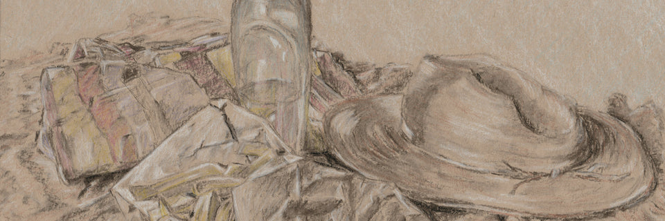 A close up of a charcoal and pencil drawing of  sun hat, towel, water bottle and chips