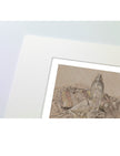 a mounted art print of a drawing of a beach scene with hat, water bottle towel and chips