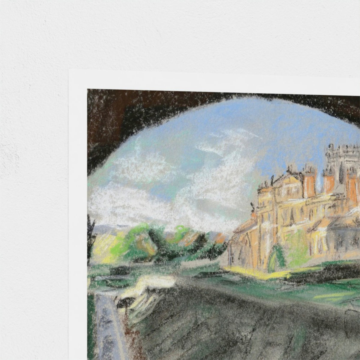 A close-up of a pastel landscape artwork showing Biddulph Grange with towers, trees, and a dark foreground archway, photographed against a white background.