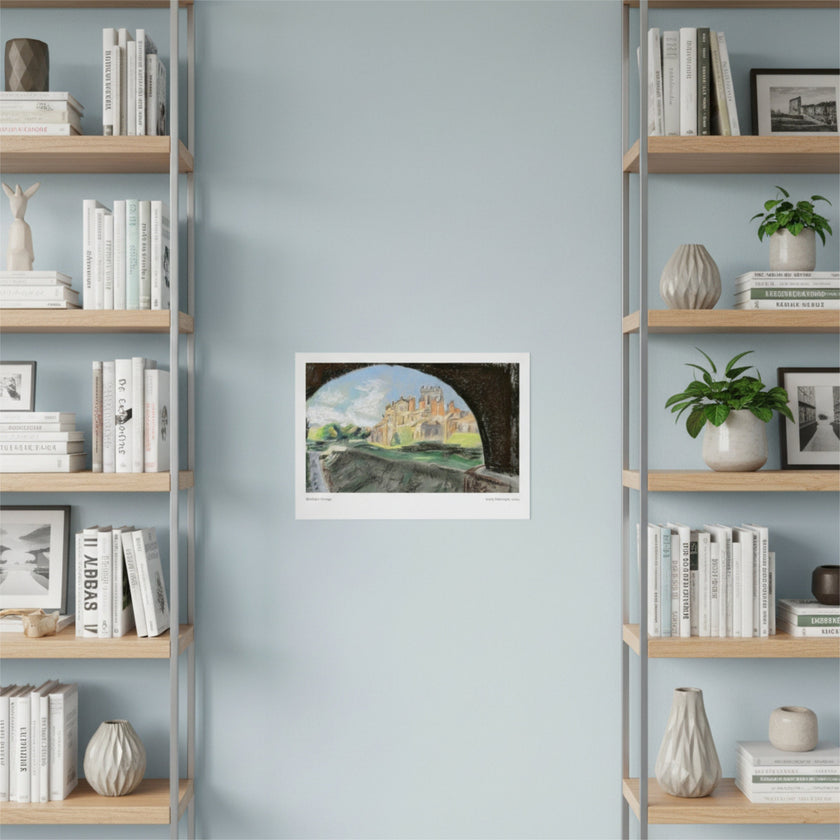 An art print of Biddulph Grange on a blue wall between book cases
