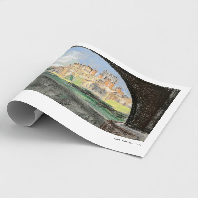 A landscape painting of Biddulph Grange, shown on a white paper sheet against a light grey background.