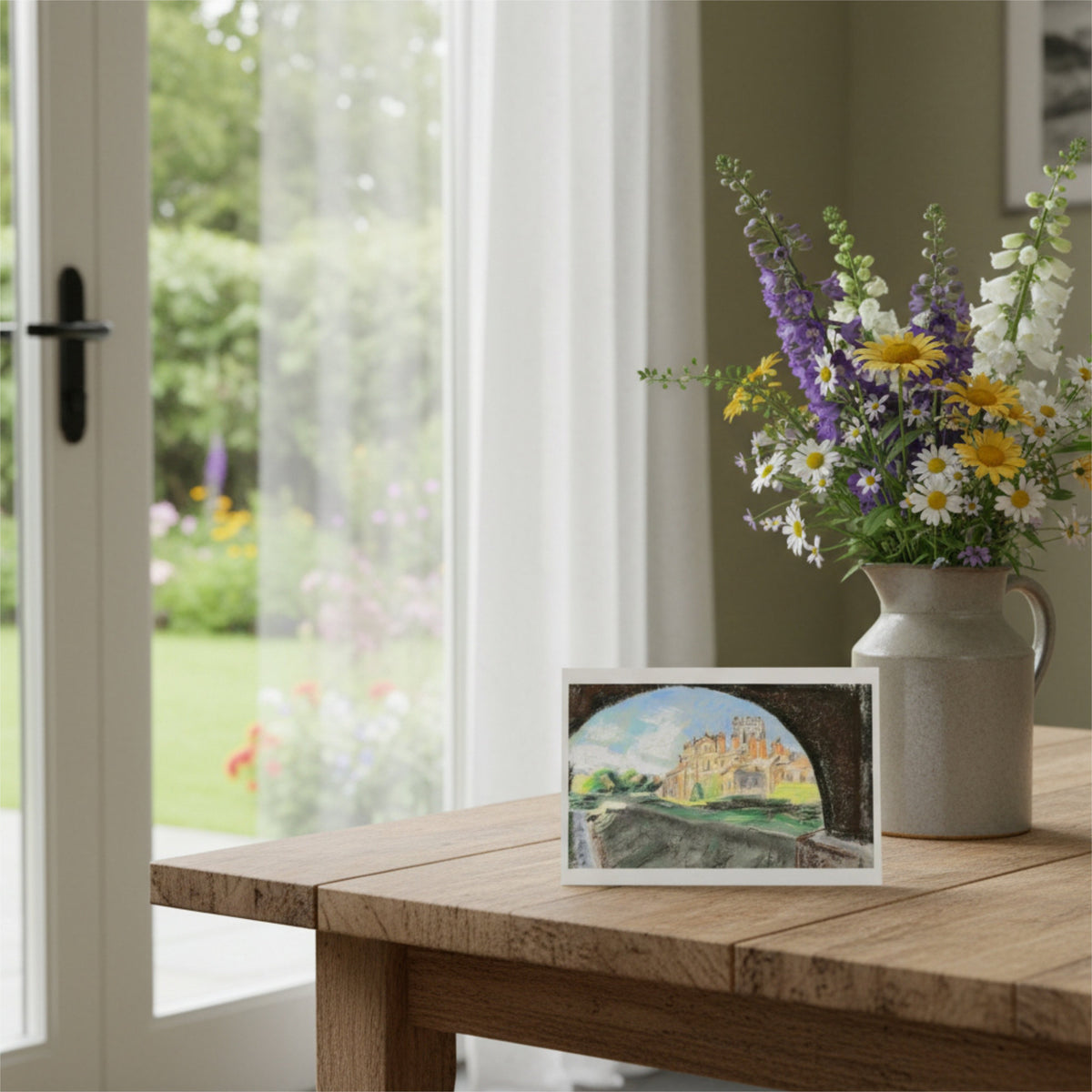 A greetings card showing a painting of Biddulph Grange, styled on a wooden table beside a ceramic vase filled with mixed flowers in a bright indoor setting with a window and garden view.