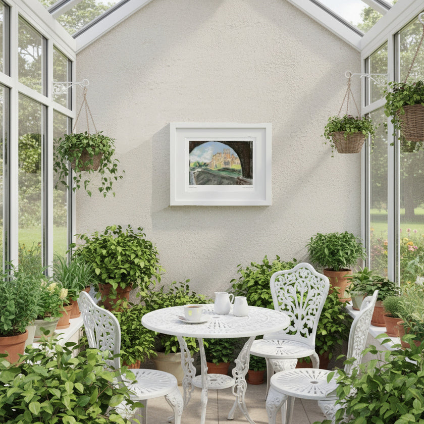 A bright sunroom or conservatory corner with a small white round table and three matching white chairs arranged around a central white pitcher and cup. The room is filled with potted green plants and hanging greenery, with a framed landscape print on the wall.