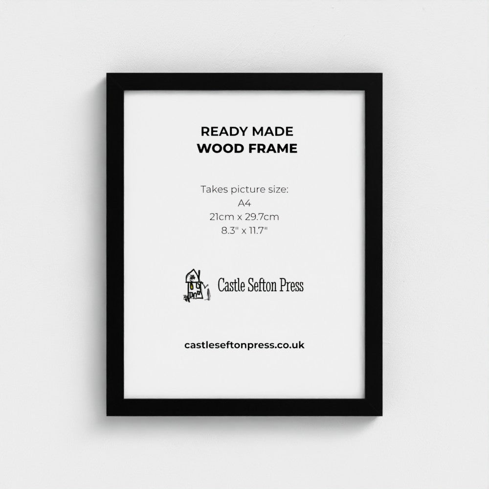 a black wooden picture frame with a castle sefton press logo