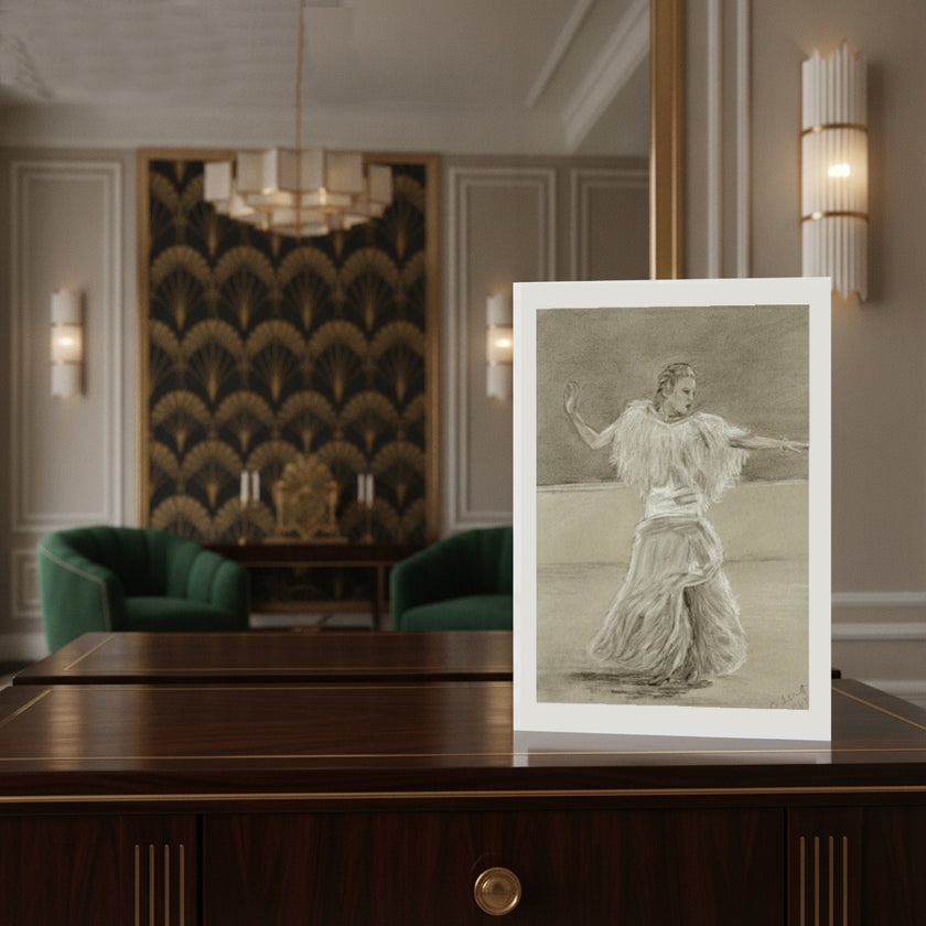 A greetings card showing Ginger rogers, displayed on a dark wooden console table in a luxurious, softly blurred interior room with green chairs and gold accents.