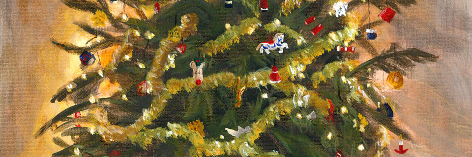 A painted Christmas tree scene with green branches, yellow tinsel, warm lights, and small colorful ornaments against a beige background.