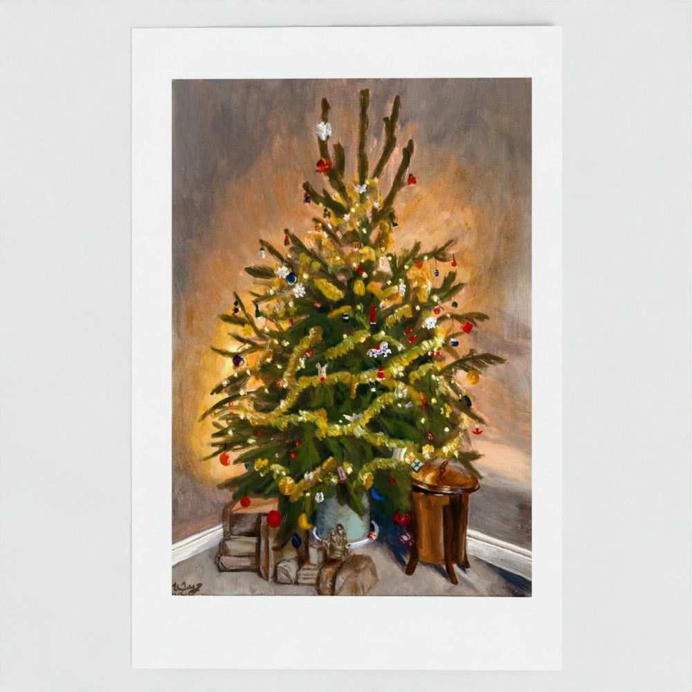 A framed art print featuring a painted Christmas tree decorated with ornaments, set against a neutral grey background.