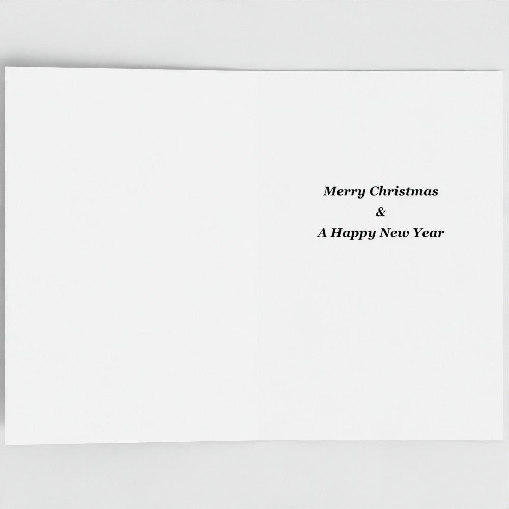 A minimalist white greeting card with elegant black serif text reading 'Merry Christmas & A Happy New Year' positioned on the right side, shown against a neutral light grey background.