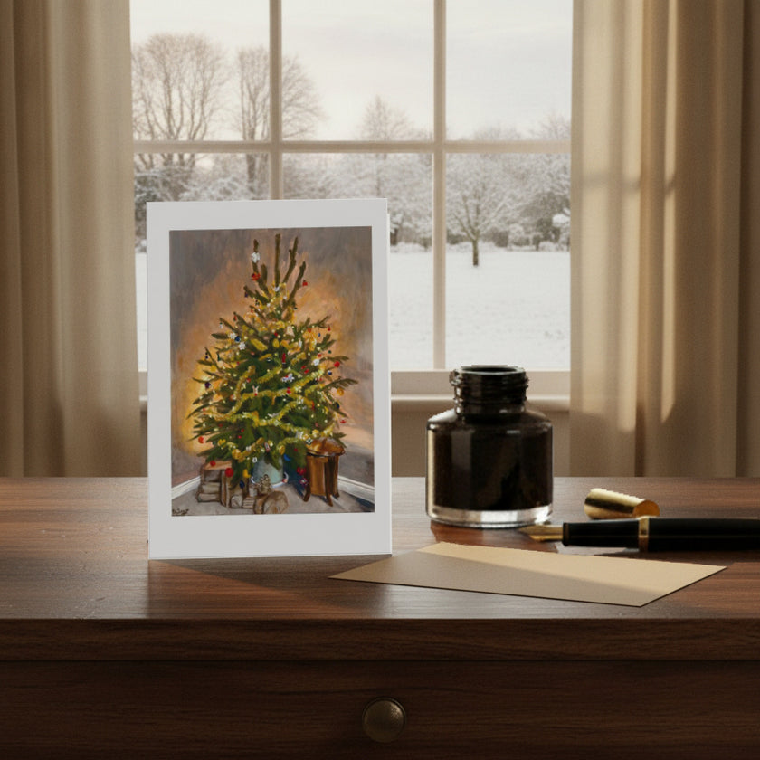 A vertical greeting card featuring an illustration of a decorated Christmas tree, displayed on a wooden desk next to a black ink bottle, gold pen, and envelope. The card is set against a real-world background with a window showing a snowy outdoor scene.