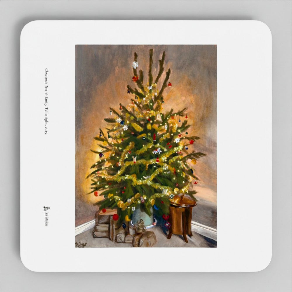 A square coaster with rounded corners featuring an oil painting of a decorated Christmas tree. The print is displayed on a neutral gray background.