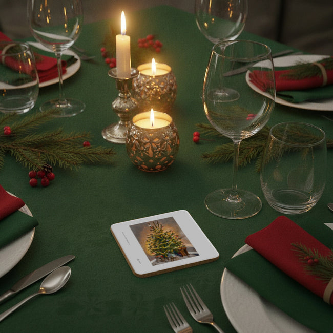 A festive Christmas table setting with a green tablecloth, lit candle holders, wine glasses, silverware, red napkins, evergreen branches, and a small square photo print on a coaster in the foreground.
