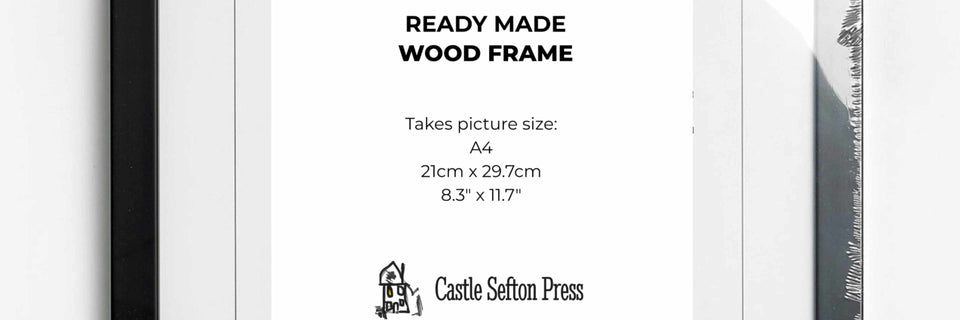 A close-up of a ready-made wood picture frame with text detailing its specifications: 'READY MADE WOOD FRAME', 'Takes picture size: A4 21cm x 29.7cm 8.