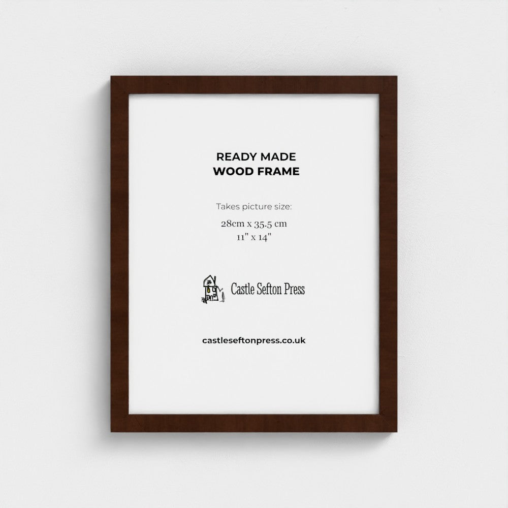 A dark brown wooden picture frame with a white mat board displaying product information text for Castle Sefton Press, shown against a light gray background.