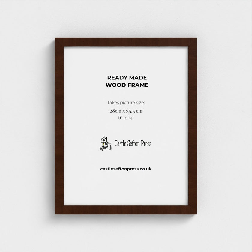 A dark brown wooden picture frame with a white mat board displaying product information text for Castle Sefton Press, shown against a light gray background.