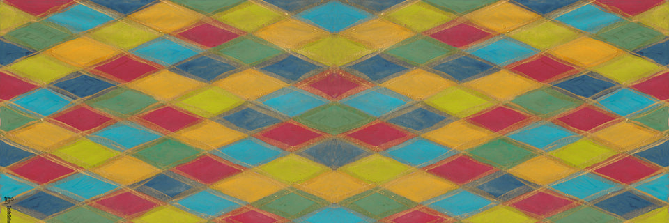 A geometric diamond design in bright colours called Harlequin