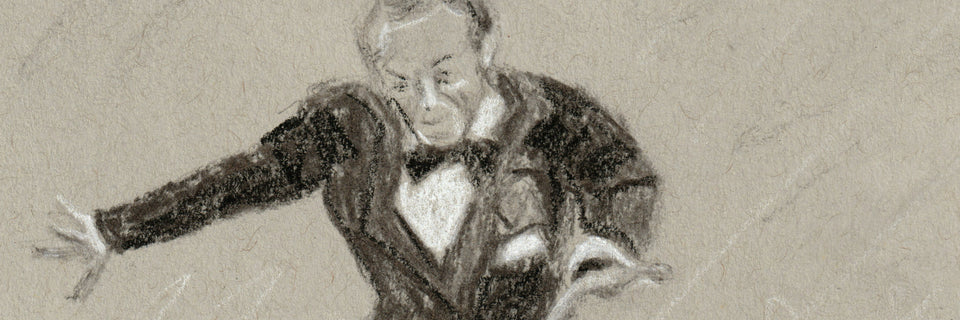 A monochrome sketch-style portrait of Fred Asatire, rendered in charcoal or pencil on a textured beige background.