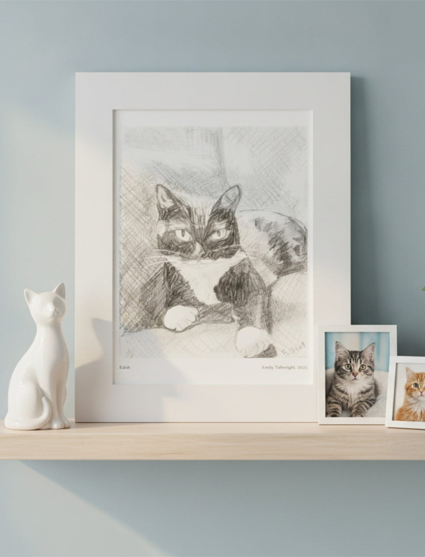A framed monochrome cat sketch print displayed on a light wood shelf against a pale blue wall, with a white cat figurine on the left and two smaller framed cat photos on the right.