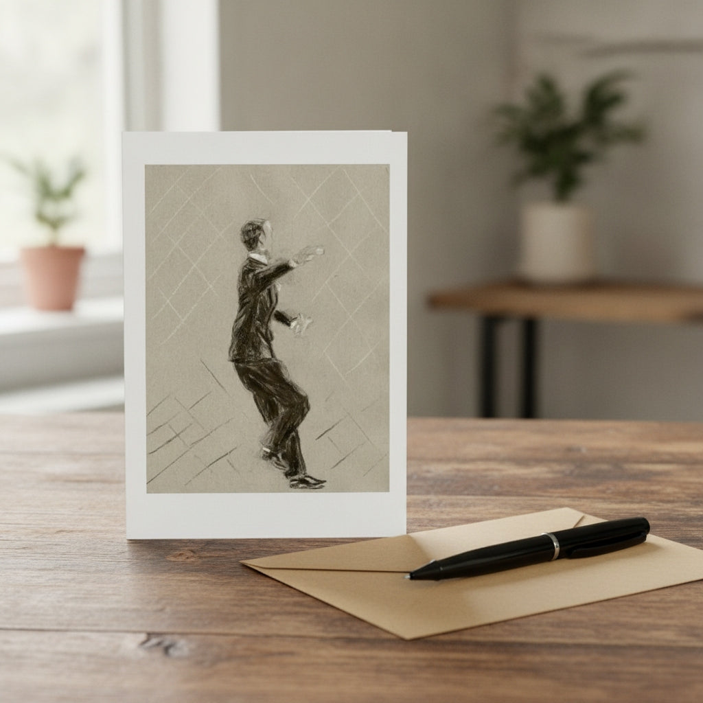 A hand writes on a kraft paper envelope with a black fountain pen, placed on a wooden table next to a printed art card of Fred Astaire. A white coffee mug is visible in the background.