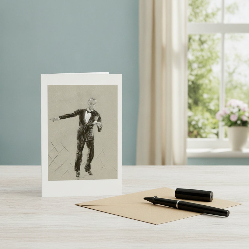 A greetings card showing a drawing of Fred Astaire standing on a light coloured table with pen and envelope in front of a window