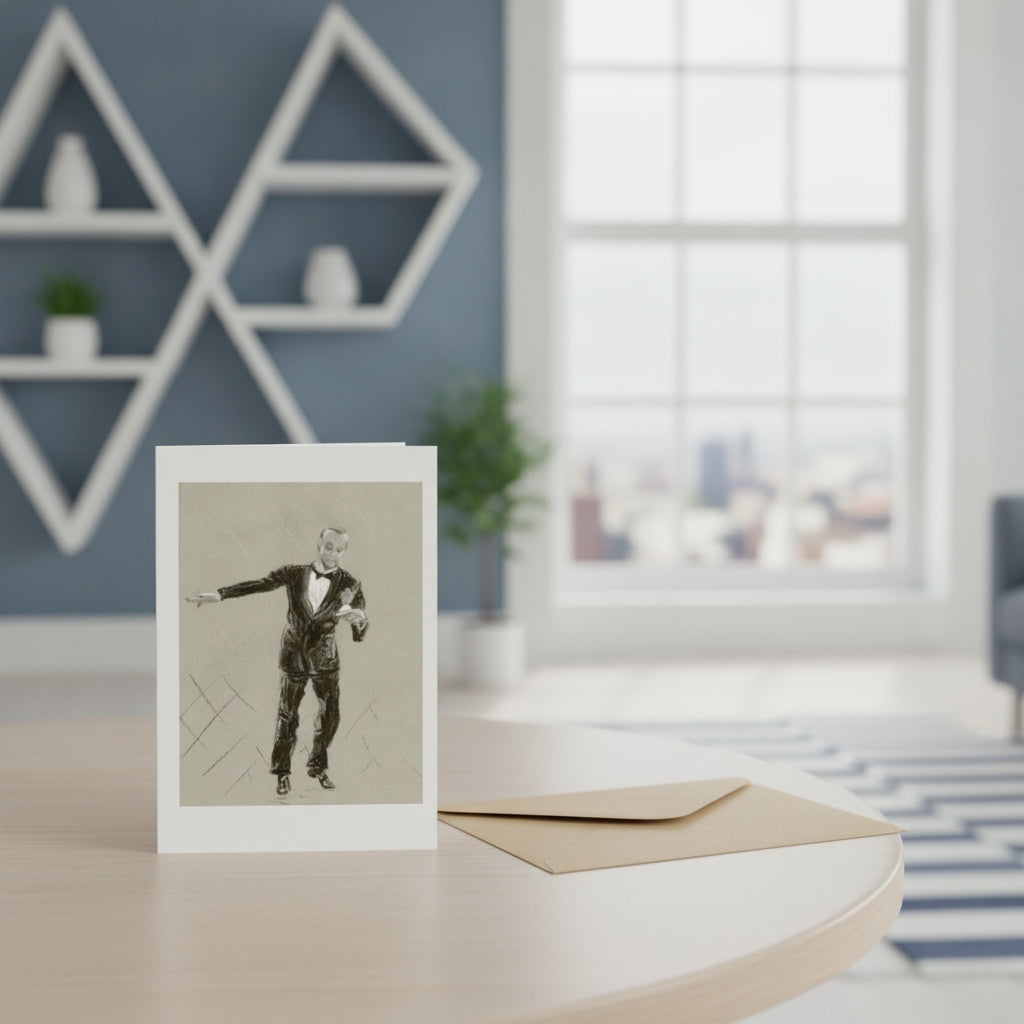 A vertical greeting card featuring Fred Astaire standing on a light wood table next to a matching envelope. The background shows a modern room with a blue wall, white geometric shelves, and a large window.