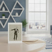 A vertical greeting card featuring Fred Astaire standing on a light wood table next to a matching envelope. The background shows a modern room with a blue wall, white geometric shelves, and a large window.