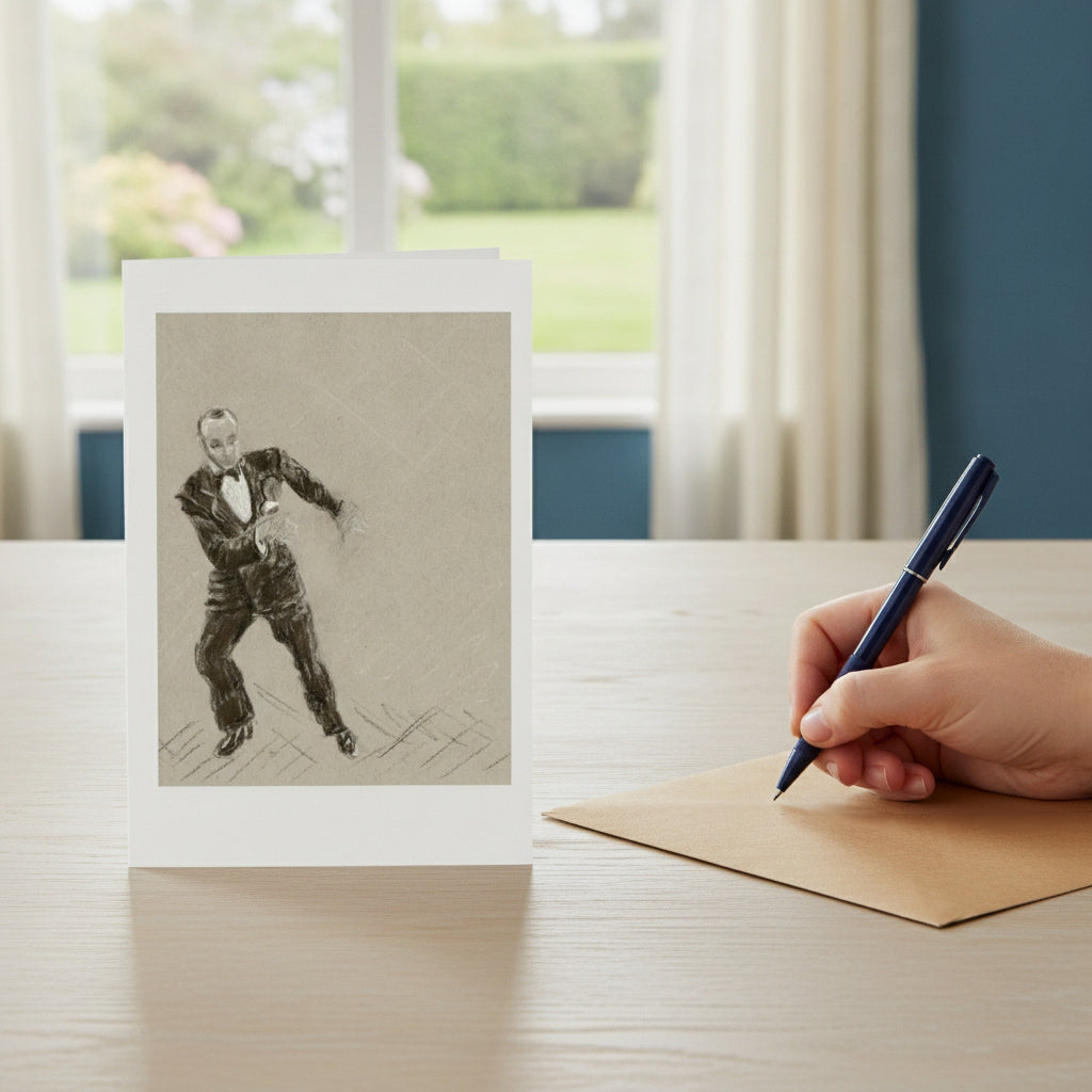A hand holding a blue pen sits on a kraft paper envelope on a light wood table, with a greeting card standing beside it. The card features a black-and-white sketch of fred astaire.