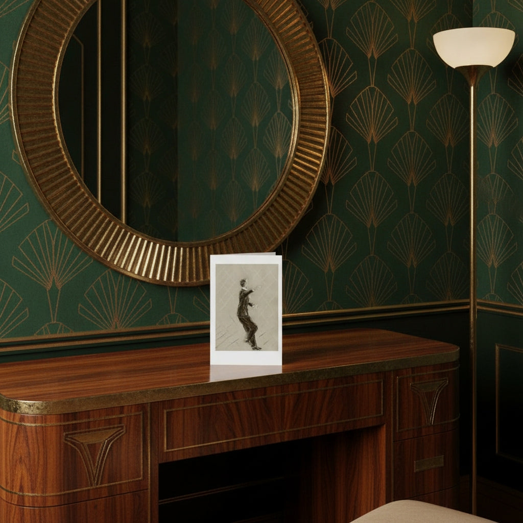A card showing Fred Astaire in a green, gold and wood art deco room with mirror and lamp