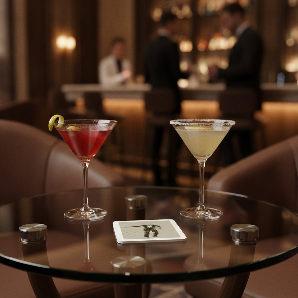 Two elegantly styled cocktail martinis on a glass table in a dimly lit bar setting. The left cocktail is a vibrant red martini with a lemon twist, and the right is a creamy yellow martini with a sugar rim. Fred Astaire Coaster lies on the table between the glasses