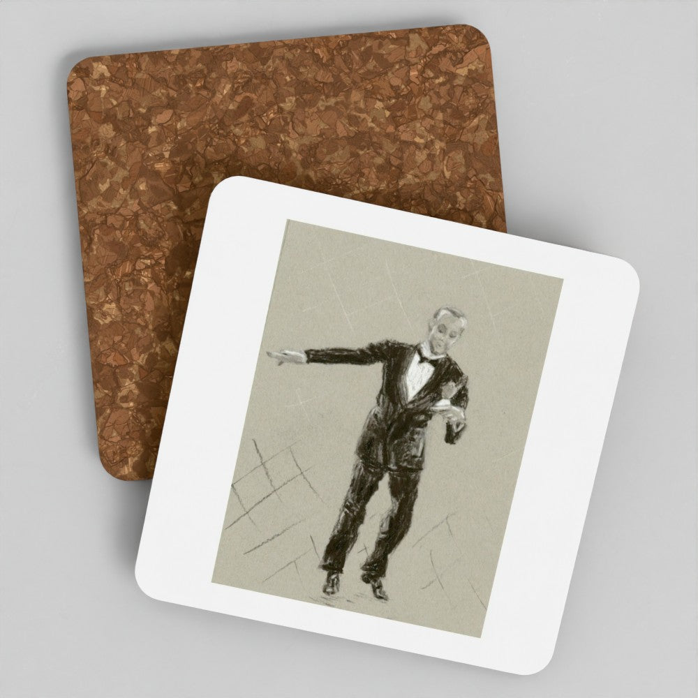 Two square cork coasters on a light gray background, with one coaster in front printed with a black-and-white sketch of a man in a tuxedo.