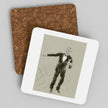 Two square cork coasters on a light gray background, with one coaster in front printed with a black-and-white sketch of a man in a tuxedo.