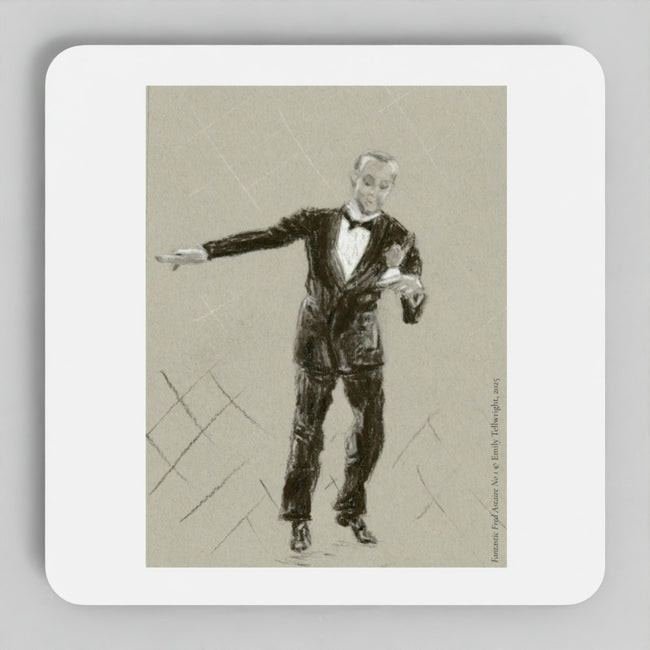 A square white coaster with rounded corners, featuring a vintage-style black ink sketch of a man in a tuxedo on a beige background.