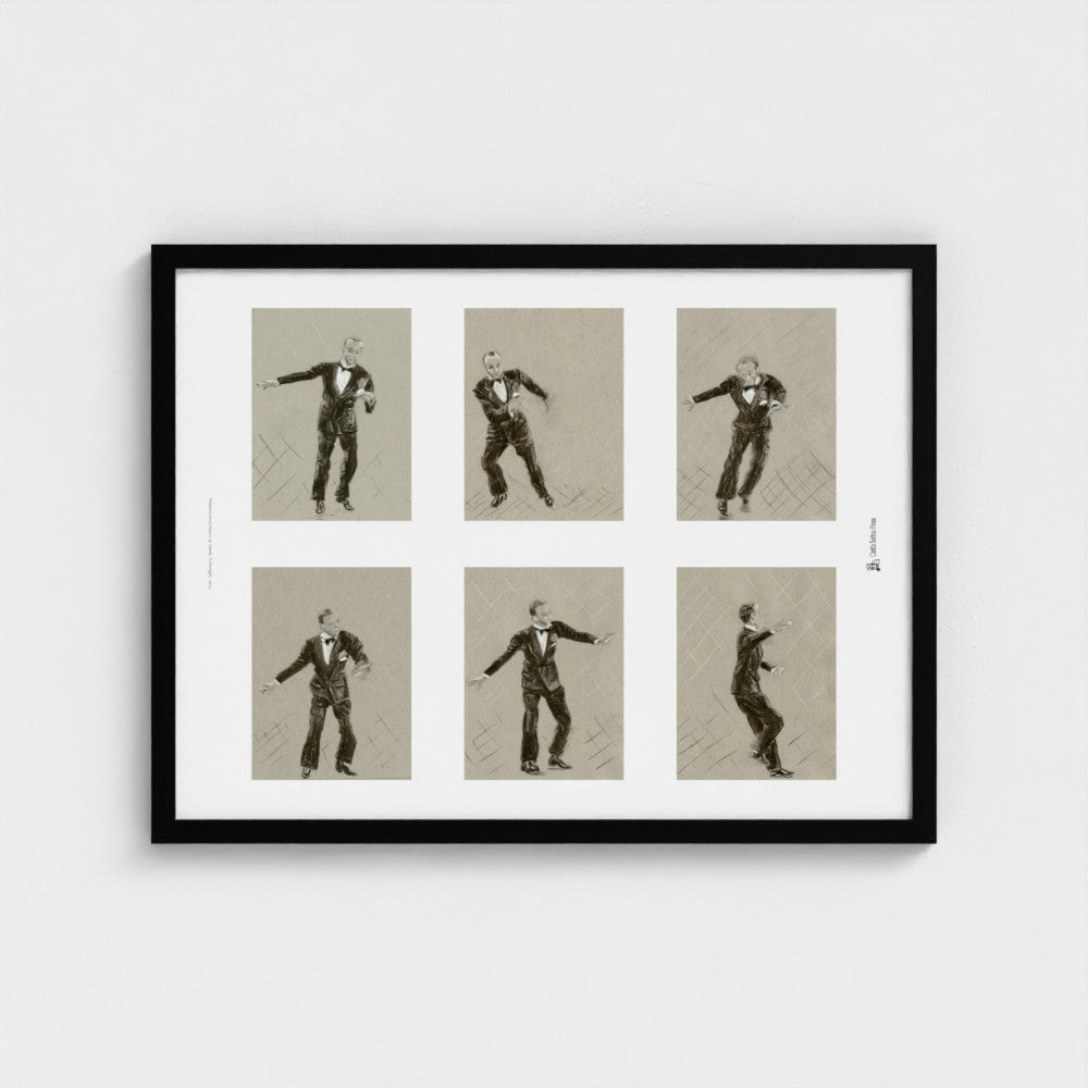 A framed wall art print featuring six sepia-toned studio photos of a man in a tuxedo arranged in a 2x3 grid, mounted on a white mat within a black frame against a light grey wall.